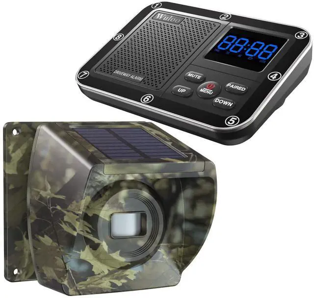 Main image of Solar Driveway Alarm Wireless Outside 1800ft Range, Outdoor Motion Sensor & Detector Driveway Alert System with Rechargeable Battery/Weatherproof/Mute Mode (1&1-Camouflage)