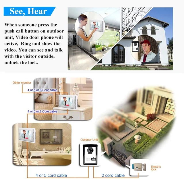 Alt view image 2 of 7 - Wired Video Intercom System, 7 Inch Monitor Video Door Doorbell Kit 2-way Intercom, Door Monitoring, Metal Panel Camera Unlock, Night Vision, Home Security Systems for Villa Home Apartment