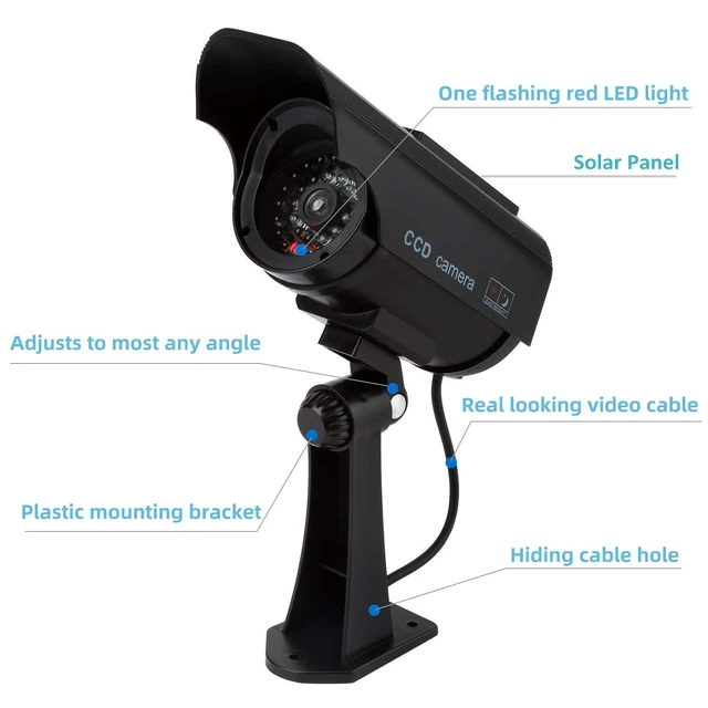 Alt view image 2 of 6 - Dummy Solar Security Camera, Bullet Fake Surveillance System with Realistic Red Flashing Lights and Warning Sticker Indoor Outdoor (1, Black)