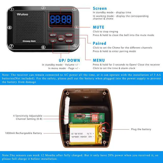 Alt view image 6 of 7 - Wireless Driveway Alarm 1800 Feet Long Range Motion Sensor Alert System Driveway Detector for Home with 1800mAh Rechargeable Battery (1&1-Brown)