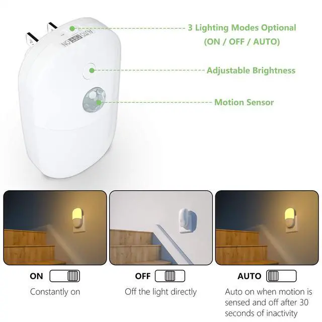 Alt view image 2 of 7 - JAYSUING Plug in Motion Sensor Dimmable Night Light, Soft Warm White LED Nightlight with Dusk to Dawn Motion Sensor, Adjustable Brightness for Bedroom, Bathroom, Kitchen, Hallway, Stairs,2 Pack