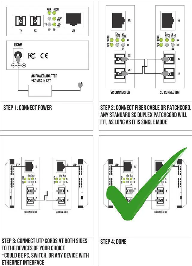 Alt view image 5 of 7 - Single Mode Gigabit Fiber Media Converter - Built-In Fiber Module 20 km (12.42 miles) SC to UTP Cat5e Cat6 10/100/1000 RJ-45 Auto Sensing Gigabit or Fast Ethernet Speed - Jumbo Frame - LLF Support