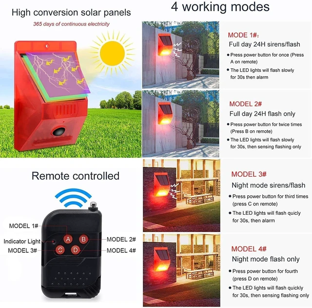 Alt view image 7 of 7 - Solar Motion Sensor Alarm Outdoor,Solar Alarm Motion Detector with Sound, 129db Sound Security Siren IP65 Waterproof Protected for Villa, Chicken coop, Farm, Yard, 2 Pack