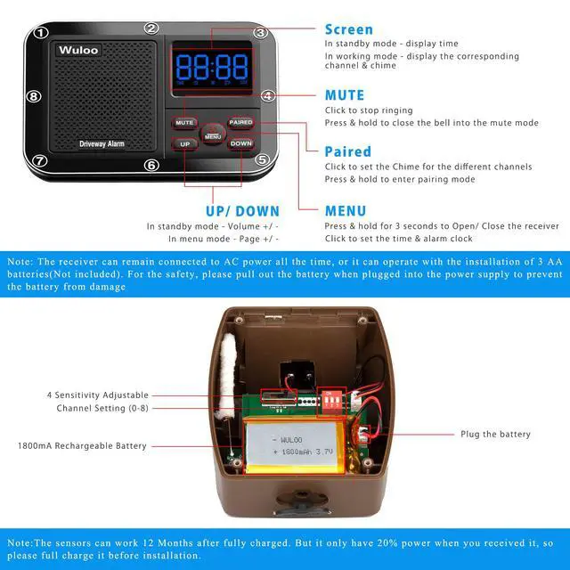Alt view image 7 of 7 - Solar Driveway Alarm Wireless Outside 1800ft Range, Outdoor Motion Sensor & Detector Driveway Alert System with Rechargeable Battery/Weatherproof/Mute Mode(1&1-Brown)