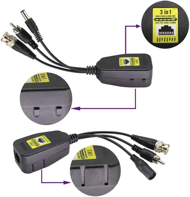 Alt view image 6 of 7 - BUCIER BNC to RJ45 Transmitter Transceiver DC Power Passive Audio Video Balun HD-CVI/TVI/AHD/CVBS with DC Jack for 720P-1080P 3MP 4MP 5MP 8MP CCTV Security DVR Surveillance Camera System(19cm/4Pairs)