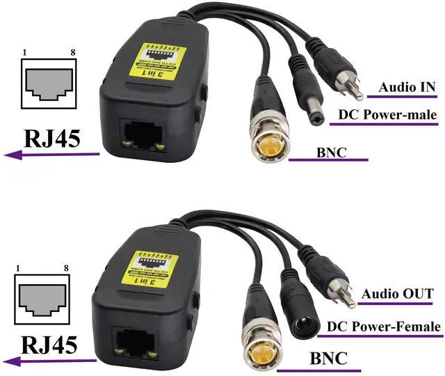 Alt view image 3 of 7 - BUCIER BNC to RJ45 Transmitter Transceiver DC Power Passive Audio Video Balun HD-CVI/TVI/AHD/CVBS with DC Jack for 720P-1080P 3MP 4MP 5MP 8MP CCTV Security DVR Surveillance Camera System(19cm/4Pairs)