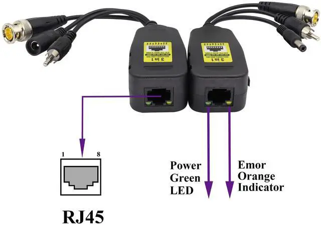 Alt view image 5 of 7 - BUCIER BNC to RJ45 Transmitter Transceiver DC Power Passive Audio Video Balun HD-CVI/TVI/AHD/CVBS with DC Jack for 720P-1080P 3MP 4MP 5MP 8MP CCTV Security DVR Surveillance Camera System(19cm/4Pairs)