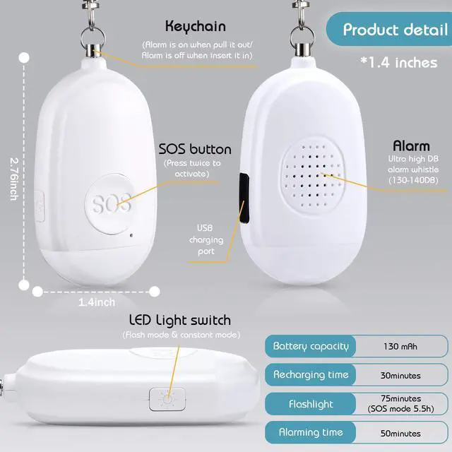 Alt view image 4 of 7 - 4 Pieces Personal Security Alarm Keychain 130 dB Safety Alarm Self Siren Song Keychain with USB Rechargeable LED Flashlight for Women Kids Children Elders Men