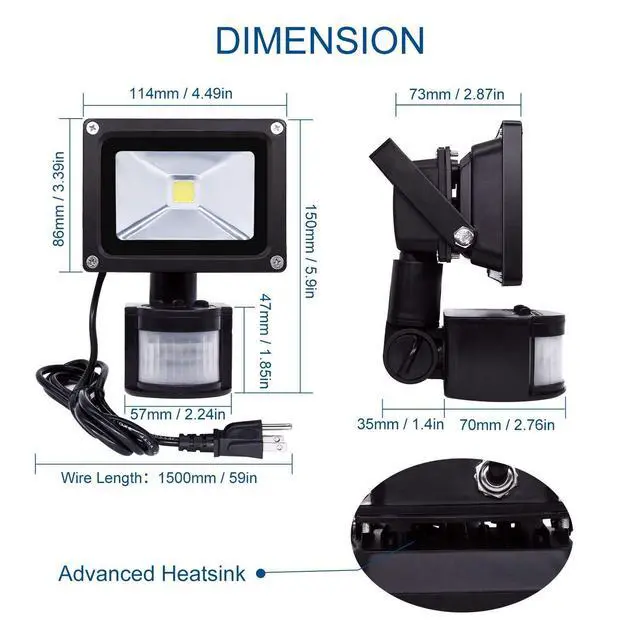 Alt view image 2 of 7 - Motion Sensor Flood Lights Outdoor,10W Induction LED Lamp, IP65 Waterproof Spotlight,6500K LED Sensor Light,Security Light with US 3-Plug (Daylight White-Black)