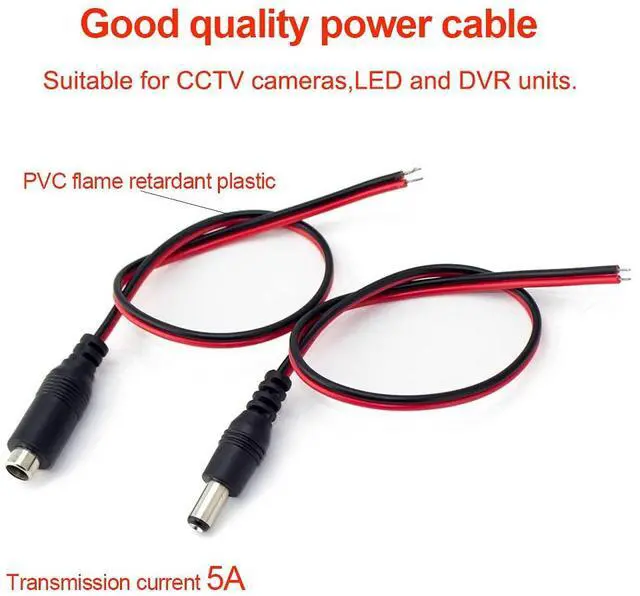 Alt view image 3 of 7 - 12V 5A DC Pigtail Power Cord (Real 18AWG), w/Male Female Barrel Plug Connector Cable for CCTV Security Camera - 10 Pairs of 5.5mm x 2.1mm Power Adapter Connectors