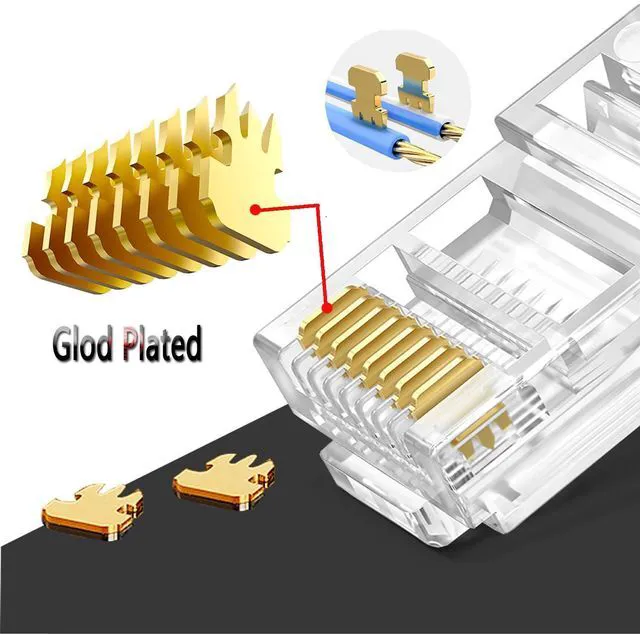 Alt view image 2 of 6 - RJ45 Cat6 Cat5e Pass Through Connectors 100 Packs Gold Plated 3 Prong 8P8C Modular Ethernet UTP Network Cable Plug for Unshielded Twisted Pair Solid Wire & Standard Cables