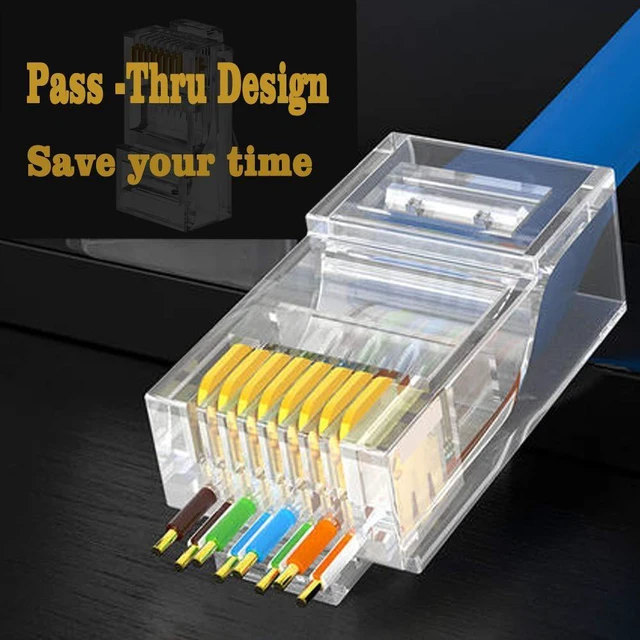 Alt view image 4 of 6 - RJ45 Cat6 Cat5e Pass Through Connectors 100 Packs Gold Plated 3 Prong 8P8C Modular Ethernet UTP Network Cable Plug for Unshielded Twisted Pair Solid Wire & Standard Cables