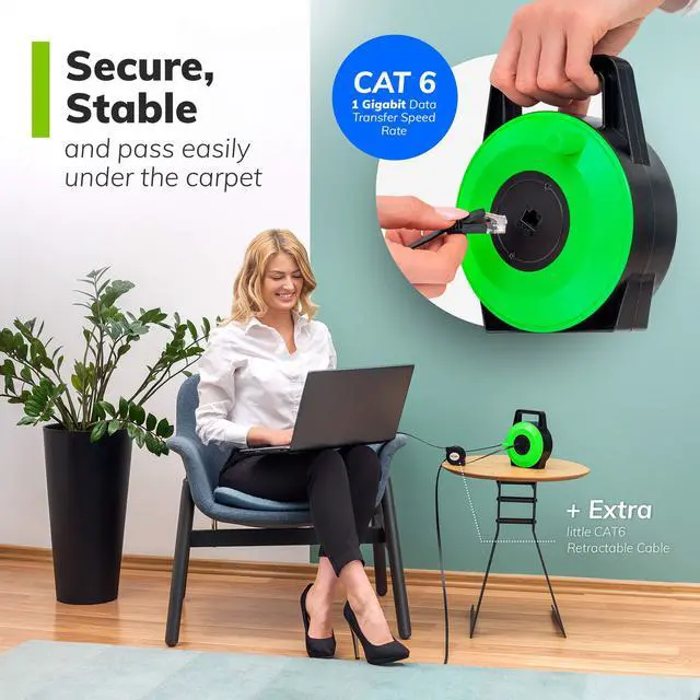 Alt view image 6 of 6 - Retractable CAT6 Ethernet Cable Extender 33 ft Flat Portable Network Cable with RJ45 Male-Female connectors, 1 Gbps Speed, UTP Reel