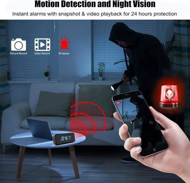 Alt view image 4 of 7 - Hidden Camera,Wireless Indoor Camera for Home Security, 3 in 1 Nanny Cam with Clock & Bluetooth Speaker, 4K HD Night Vision & Motion Detection,Local SD Recording/Replay, Video Only Security Camera