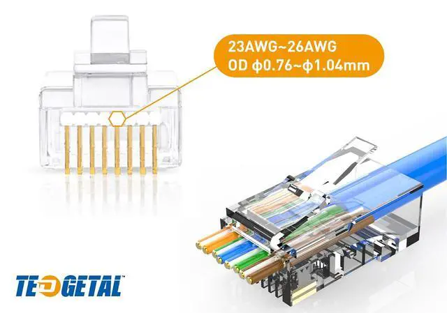 Alt view image 4 of 7 - Cat6 RJ45 Connectors 100-PACK Cat6 / Cat5e RJ45 Ends, Pass Through Ethernet Cable Crimp Connectors for Solid Wire and Standard UTP Network Cables
