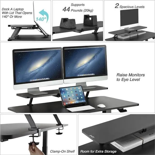 Alt view image 3 of 7 - AVLT Clamp Desk Shelf Dual 32" Monitor Clamp-On Monitor Riser with Slide-Out Holder for Convertible Laptop Tablet Smartphone (Black) - Floating Monitor Stand (Clamp-On Shelf Only)