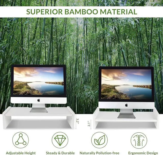 Alt view image 2 of 7 - KINLINK Bamboo Monitor Stand Riser, Monitor Riser with 2 Adjustable Height, 15.8 inch Computer Riser for Computer, iMac, PC, Printer, Computer Monitor Stand for Home & Office, White