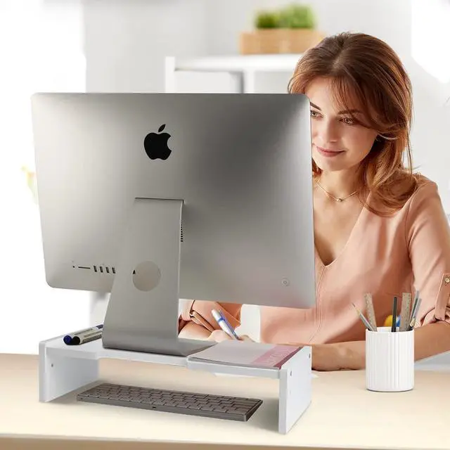 Alt view image 5 of 7 - KINLINK Bamboo Monitor Stand Riser, Monitor Riser with 2 Adjustable Height, 15.8 inch Computer Riser for Computer, iMac, PC, Printer, Computer Monitor Stand for Home & Office, White