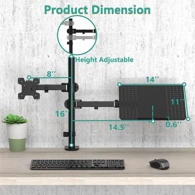 Alt view image 5 of 7 - WALI Laptop and Monitor Stand, Fully Adjustable Monitor Mount and Laptop Tray for 1 Notebook up to 17 inch and 1 Screen up to 27 inch, 22 lbs, Weight Capacity (M001LP), Black