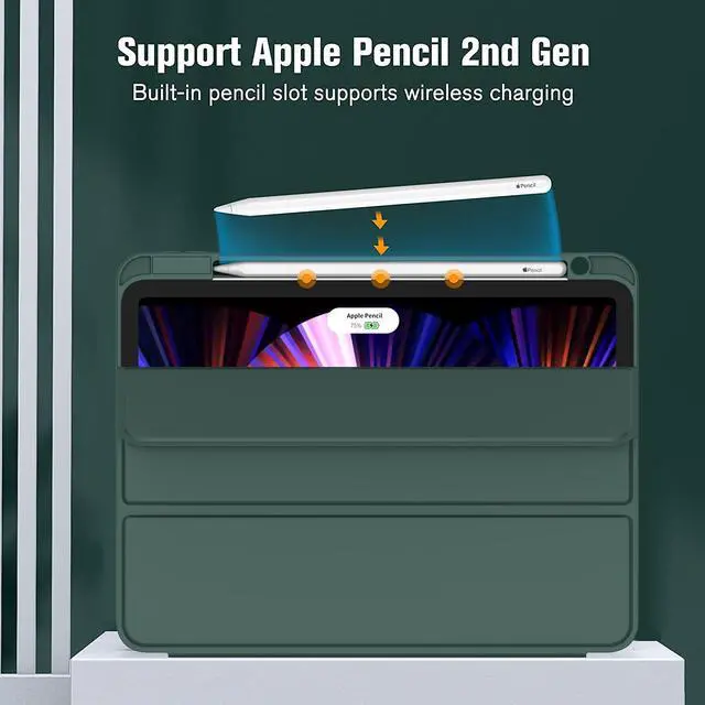 Alt view image 2 of 7 - New iPad Pro 11 Inch Case 2022(4th Gen)/2021(3rd Gen)/2020(2nd Gen) with Pencil Holder Smart iPad Case [Support Touch ID and Auto Wake/Sleep] with Auto 2nd Gen Pencil Charging (Midnight Green)