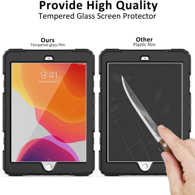 Alt view image 3 of 7 - BLOSOMEET Case for iPad 9th/8th/7th Generation 2021/2020/2019 10.2 Inch with Tempered Glass Screen Protector & Pencil Holder,Protective Kids iPad 10.2 Case Cover w/Stand Hand Shoulder Strap,Black