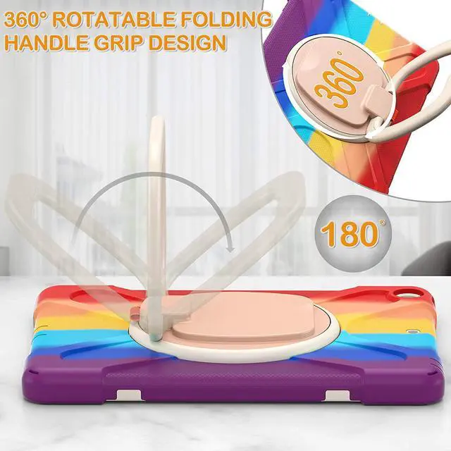 Alt view image 7 of 7 - iPad 10.2 Case 2021/2020/2019,Three Layer Shockproof Silicone Kids Case with Screen Protector, Pencil Holder, Strap, Folding Handle Grip,Rotating Kickstand for iPad 9th 8th 7th Gen-Colorful Red