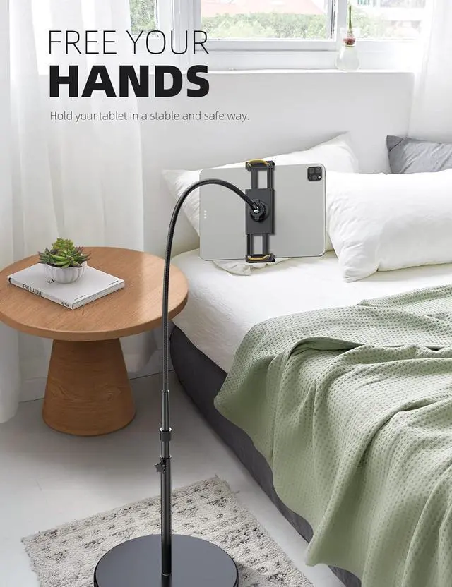 Alt view image 4 of 7 - Tablet Floor Stand Holder - Gooseneck Tablet Mount for Bed 63 Adjustable Height & 10.6lb Stable Base for 4.7-13 Tablets iPad Pro 13/9.7 Air Mini Galaxy Tab Kindle Phones