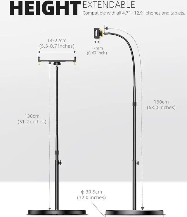 Alt view image 5 of 7 - Tablet Floor Stand Holder - Gooseneck Tablet Mount for Bed 63 Adjustable Height & 10.6lb Stable Base for 4.7-13 Tablets iPad Pro 13/9.7 Air Mini Galaxy Tab Kindle Phones