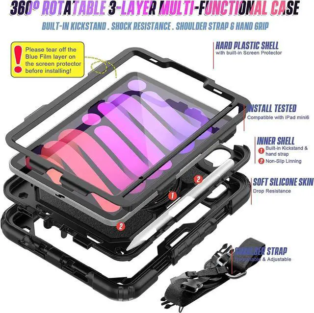 Alt view image 6 of 6 - iPad Mini 6 Case with Screen Protector | Shockproof iPad Mini 6th Generation Case 8.3 Inch Model A2567/A2568/A2569 W/Shoulder Strap Pencil Holder | Support 2nd Gen Pencil Wireless Charging