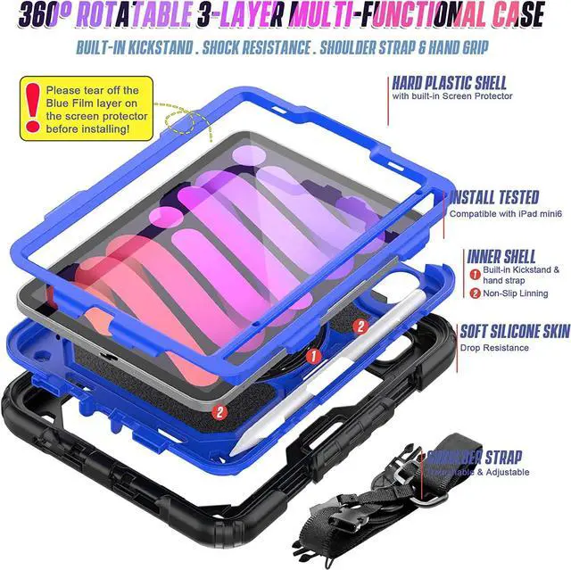 Alt view image 6 of 6 - iPad Mini Case for iPad Mini 6 8.3 Inch 2021 with Screen Protector Pencil Holder | Support 2nd Gen Pencil Wireless Charging | Full Body Protection Silicone Case W/Handle Shoulder Grip | Blue