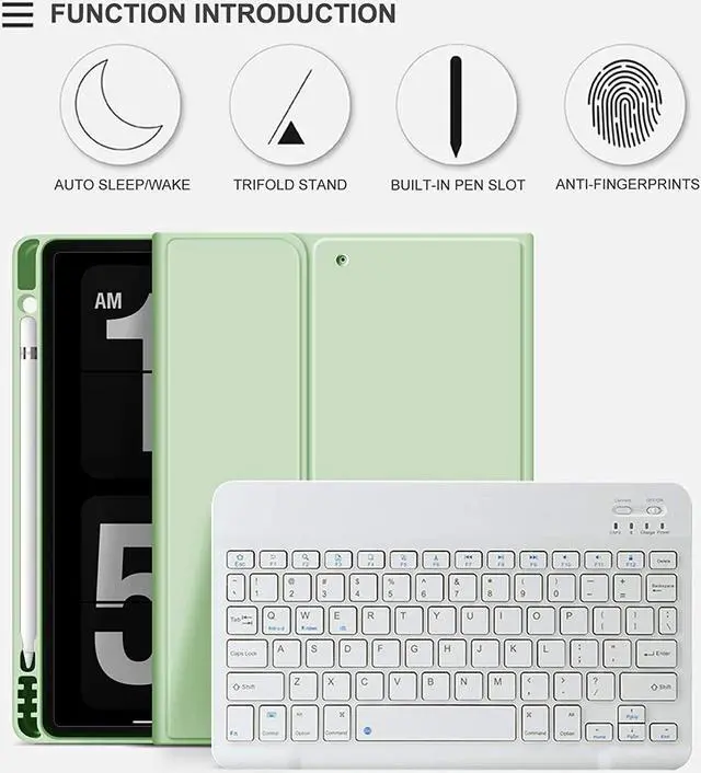 Alt view image 5 of 7 - Case for iPad 9th/8th/7th Generation 10.2 inch, Stand Folio Detachable Wireless Bluetooth Keyboard Cover Soft TPU Back Case with Pencil Holder for iPad 10.2 2021/2020/2019, Light Green