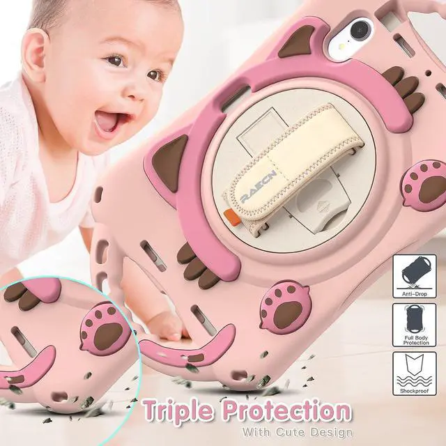 Alt view image 6 of 6 - Kids Case for Apple iPad Mini 6 8.3 Inch 2021, Silicone Shockproof Protective Boy Girl Cover with Pencil Holder Handle Grip Hand Strap Kickstand Shoulder Strap for Model A2567 A2568 A2569-Pink