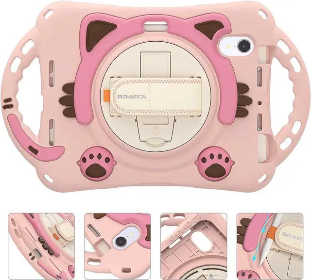 Alt view image 3 of 6 - Kids Case for Apple iPad Mini 6 8.3 Inch 2021, Silicone Shockproof Protective Boy Girl Cover with Pencil Holder Handle Grip Hand Strap Kickstand Shoulder Strap for Model A2567 A2568 A2569-Pink