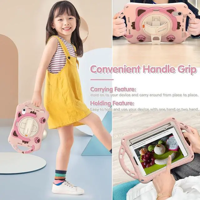 Alt view image 5 of 6 - Kids Case for Apple iPad Mini 6 8.3 Inch 2021, Silicone Shockproof Protective Boy Girl Cover with Pencil Holder Handle Grip Hand Strap Kickstand Shoulder Strap for Model A2567 A2568 A2569-Pink