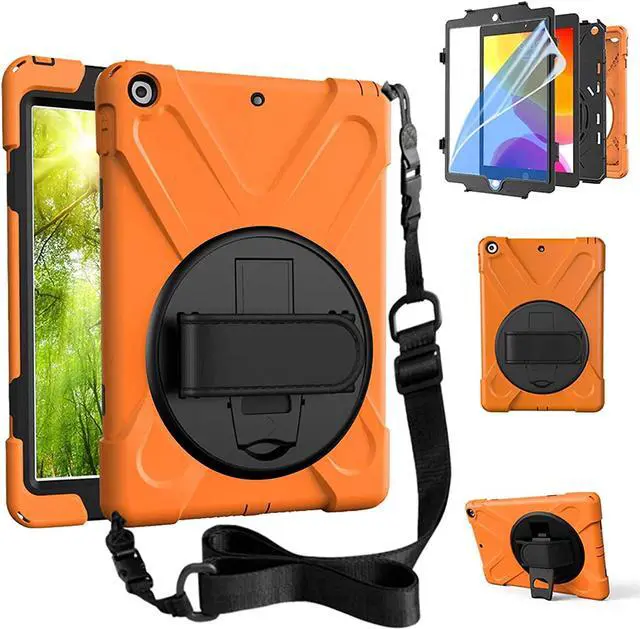 Alt view image 2 of 7 - Bundle-iPad 8th/7th Generation 10.2 Case with Tempered Glass Screen Protector Kickstand Hand Strap and Shoulder Strap, Orange