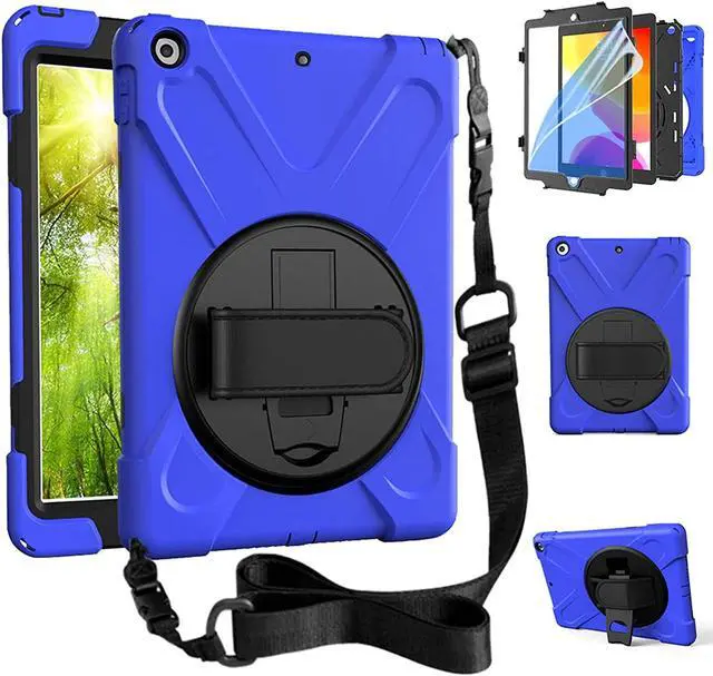 Alt view image 2 of 7 - Bundle-iPad 8th/7th Generation 10.2 Case with Tempered Glass Screen Protector Kickstand Hand Strap and Shoulder Strap, Bue