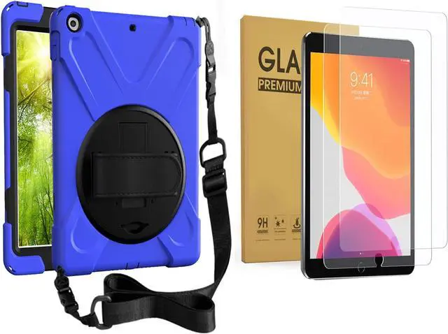 Main image of Bundle-iPad 8th/7th Generation 10.2 Case with Tempered Glass Screen Protector Kickstand Hand Strap and Shoulder Strap, Bue
