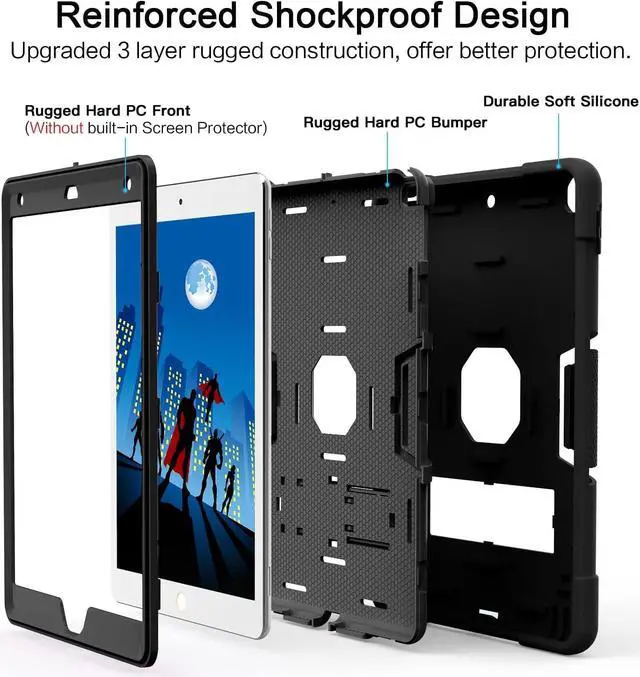 Alt view image 3 of 7 - iPad 8th Generation Case,iPad 7th Generation Case,iPad 10.2 2020/2019 Case,Slim Heavy Duty Shockproof Rugged Protective Case,Black