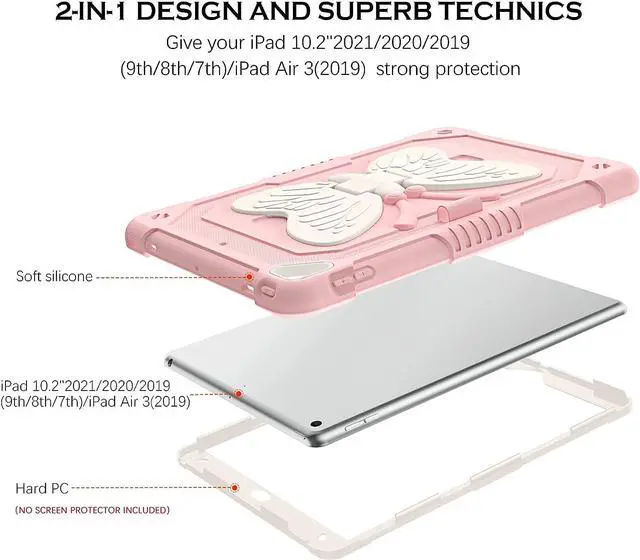 Alt view image 3 of 7 - iPad 10.2 Inch Case,iPad 9th 8th 7th Generation Case,iPad air 3rd Gen Case with Pencil Holder Kids Girls Butterfly Kickstand Shockproof Protective Cover for iPad 9th 8th 7th Gen 2021/2020,Pink