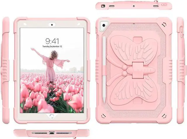 Alt view image 2 of 7 - iPad 10.2 Inch Case,iPad 9th 8th 7th Generation Case,iPad air 3rd Gen Case with Pencil Holder Kids Girls Butterfly Kickstand Shockproof Protective Cover for iPad 9th 8th 7th Gen 2021/2020,Pink
