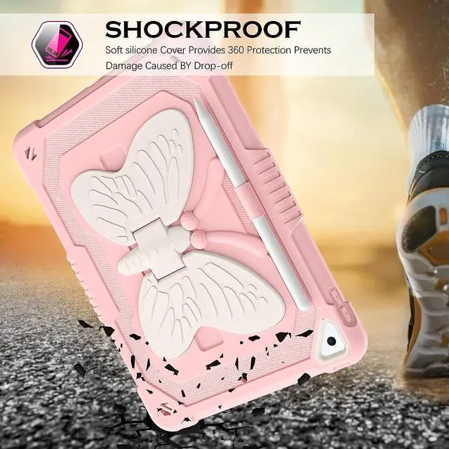 Alt view image 7 of 7 - iPad 10.2 Inch Case,iPad 9th 8th 7th Generation Case,iPad air 3rd Gen Case with Pencil Holder Kids Girls Butterfly Kickstand Shockproof Protective Cover for iPad 9th 8th 7th Gen 2021/2020,Pink