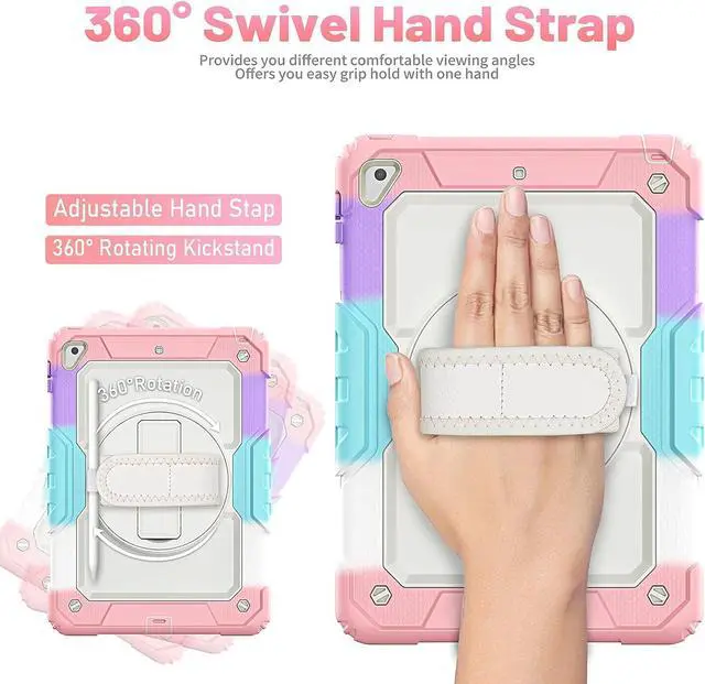 Alt view image 4 of 7 - for iPad Air 2 Case, iPad 6th 5th Generation/Pro 9.7 inch Case with Screen Protector, Hand Strap, Built-in Stand, Carrying Strap, Pencil Holder, Protective iPad 9.7 Case for Kids, Pink