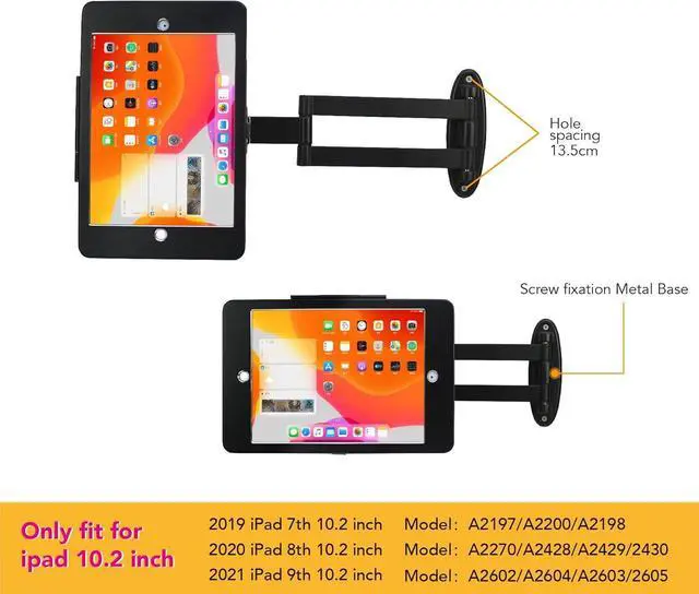 Alt view image 3 of 7 - Tablet Wall Mount Bracket with fold for iPad 10.2-Inch (9th,8th,7th Gen.), Extend Adjustable Arm Swivel with Anti Theft Security Lock and Key, Multi Angle, Rotate Design,Metal (Black)