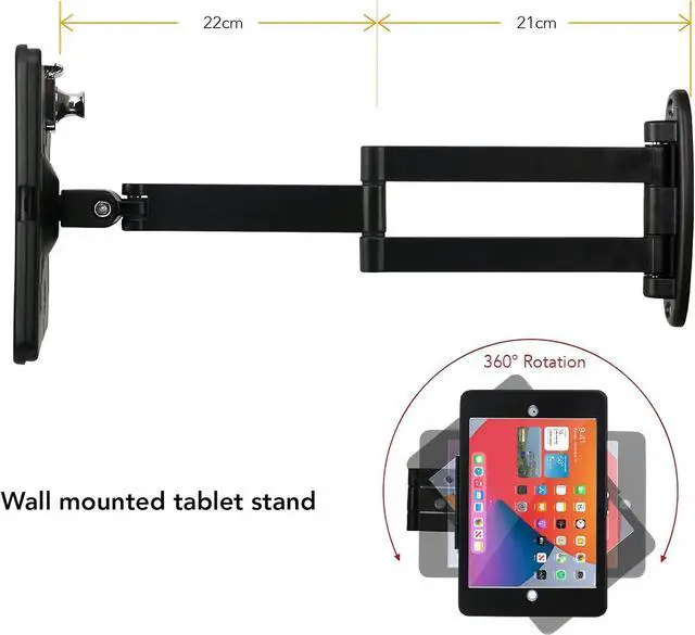 Alt view image 2 of 7 - Tablet Wall Mount Bracket with fold for iPad 10.2-Inch (9th,8th,7th Gen.), Extend Adjustable Arm Swivel with Anti Theft Security Lock and Key, Multi Angle, Rotate Design,Metal (Black)
