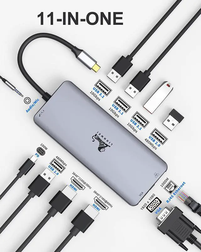 Alt view image 2 of 7 - USB C Docking Station Dual Monitor, 11-in-1 USB-C Laptop Docking Station to Dual 4K HDMI,VGA,Gigabit Ethernet,3 * 10G USB 3.1,2*USB 2.0,87W PD,3.5mm Audio/Mic for Dell/Surface/HP/Lenovo Laptops