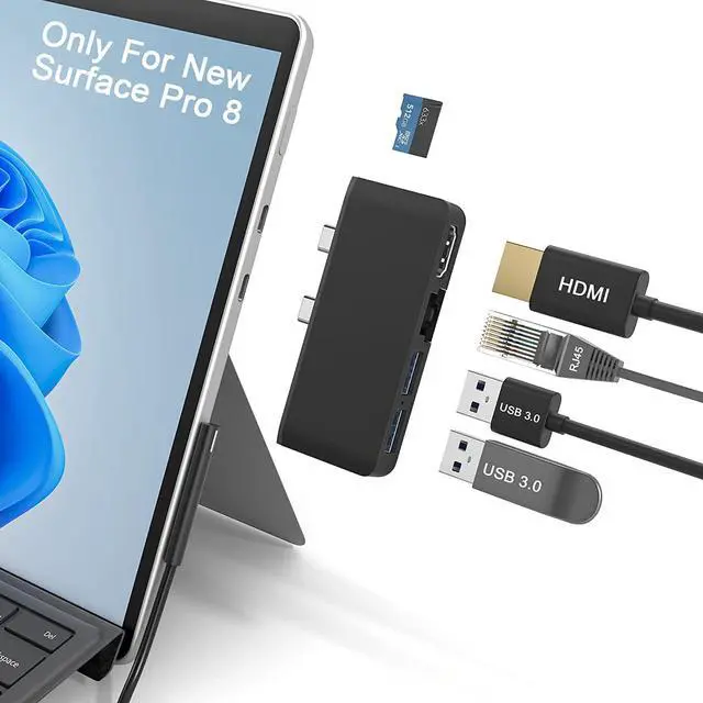 Main image of Surface Pro 8 Docking Station with 4K HDMI Adapter+100M Ethernet LAN+ USB 3.0 Port* 2+Micro SD(TF) Card Reader Converter Combo Adaptor for Microsoft Surface Pro 8 Accessories