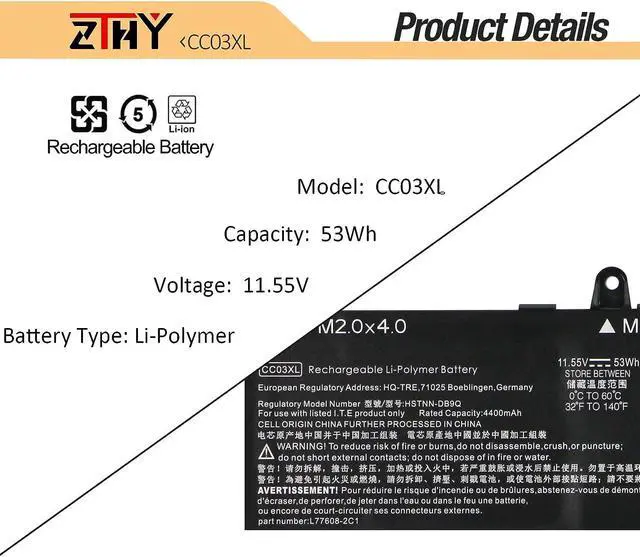 Alt view image 3 of 7 - ZTHY 53Wh CC03XL Battery Replacement for HP ZBook Firefly 14 G7 G8, EliteBook 830 835 840 845 G7 G8, Probook 635 Aero G7 G8 Series HSTNN-DB9Q L77608-2C1 L77608-421 L78555-005 CC03053XL-PL 11.55V