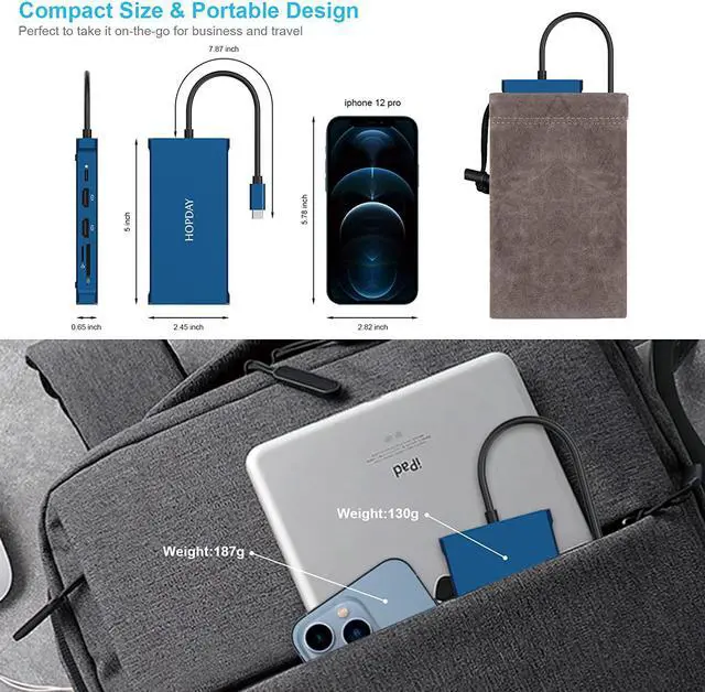 Alt view image 7 of 7 - Laptop Docking Station HOPDAY 12 in 1 Triple Display Thunderbolt 3 USB C Hub Dual HDMI Multiport Adapter with VGA+Ethernet+100W PD + USB-C+4 USB+SD/TF Dock for /HP/Lenovo/MacBook Pro Blue