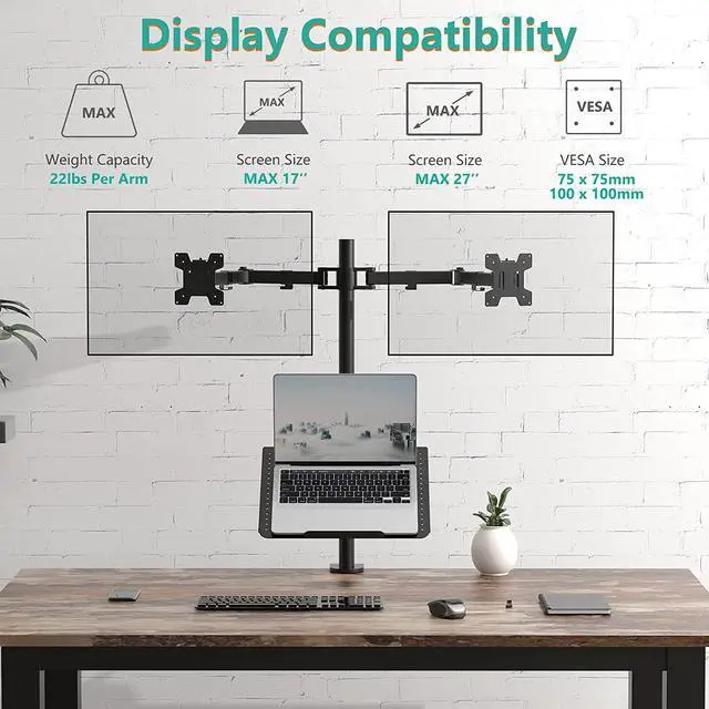 Alt view image 3 of 7 - WALI Dual Monitor Stand, Laptop and Monitor Stand for 2 Screen 1 Laptop Notebook, Extra Tall Desk Mount for Monitor up to 27 inch, Notebook up to 17 inch (M002XLLP), Black