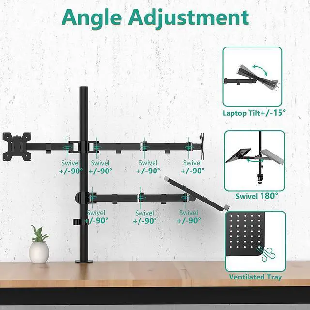 Alt view image 4 of 7 - WALI Dual Monitor Stand, Laptop and Monitor Stand for 2 Screen 1 Laptop Notebook, Extra Tall Desk Mount for Monitor up to 27 inch, Notebook up to 17 inch (M002XLLP), Black